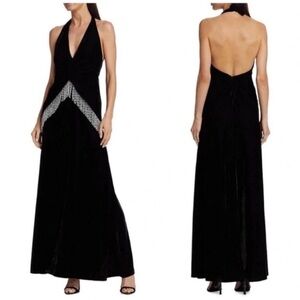 NWT Patbo Plunge Velvet Beaded Fringe Maxi Dress